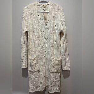 Mystree Cream Sweater Cardigan Duster Diamond Pattern NWT Large